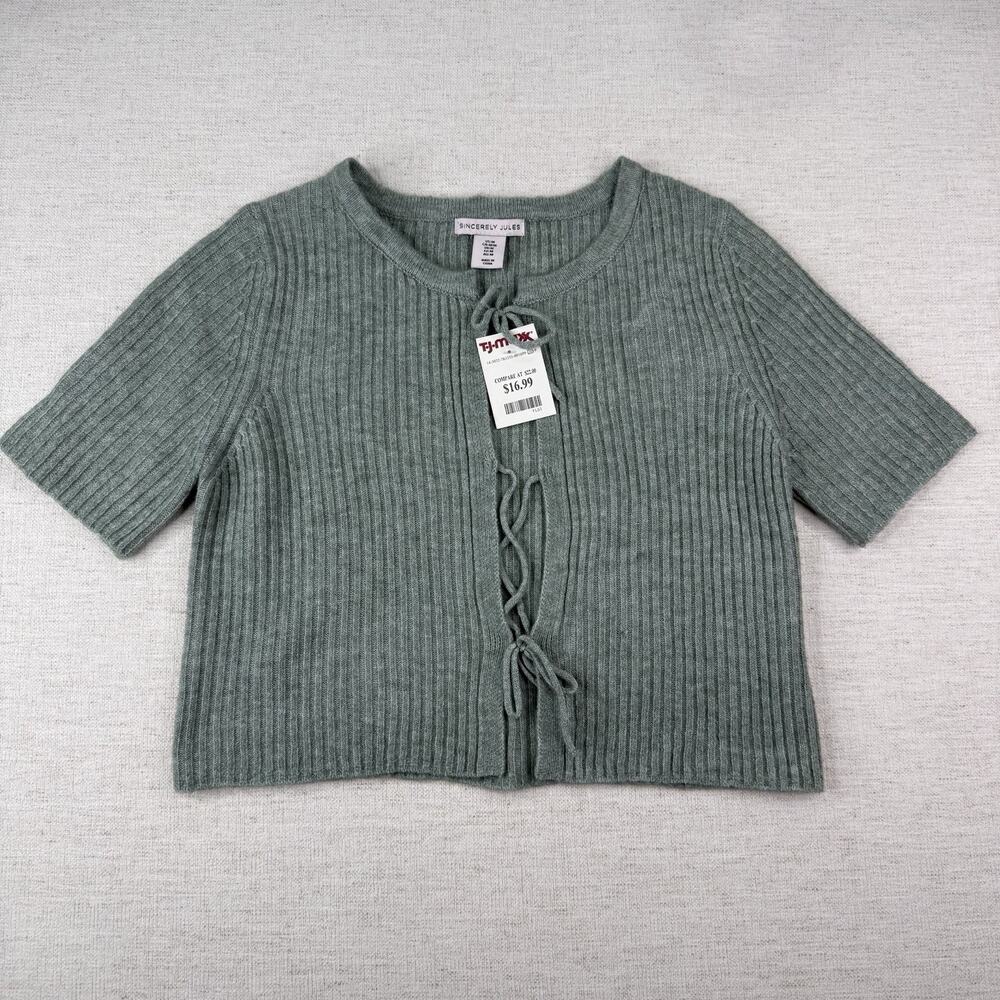 Sincerely Jules Cardigan Top Green Tie Front Pointelle Knit Preppy Cute Size M